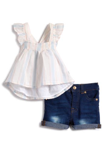 7 For All Mankind Ruffle Babydoll Top & Denim Shorts Set In White