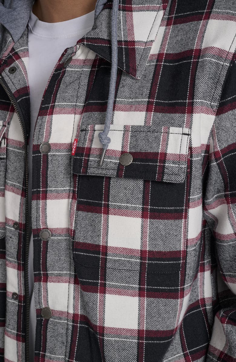 Levi's Plaid Faux Shearling Lined Jersey Hood Shirt Jacket, Alternate, color, Black/ Grey/ Bordeaux