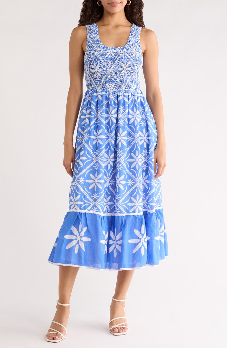 SUGARLIPS Alexie Floral Jersey Smocked Midi Sundress, Main, color, Blue-White-Multi