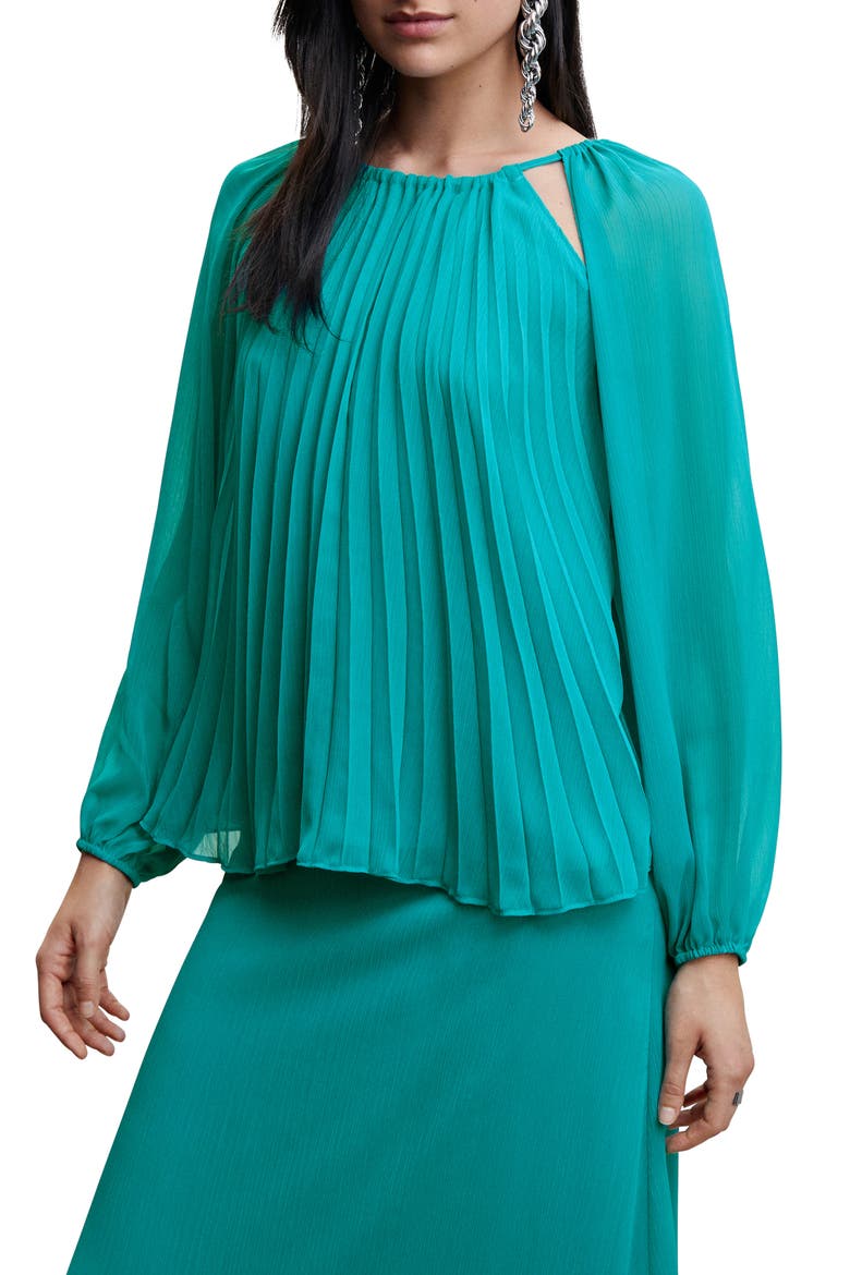Pleated Keyhole Cutout Blouse, Main, color, TURQUOISE