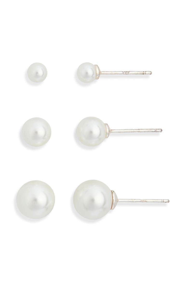 Set of 3 Everyday Faux Pearl Stud Earrings, Alternate, color, WHITE- SILVER
