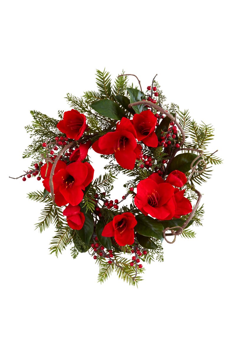NEARLY NATURAL 24-in Amaryllis Wreath, Main, color, Red