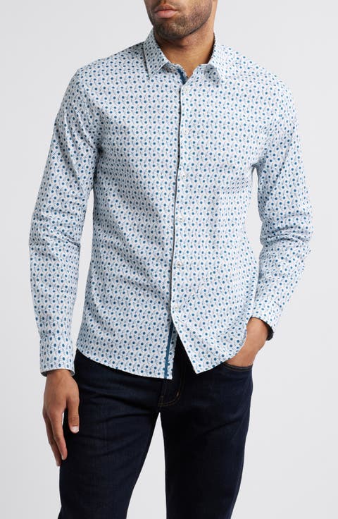 Floral Branch Stretch Cotton Button-Up Shirt