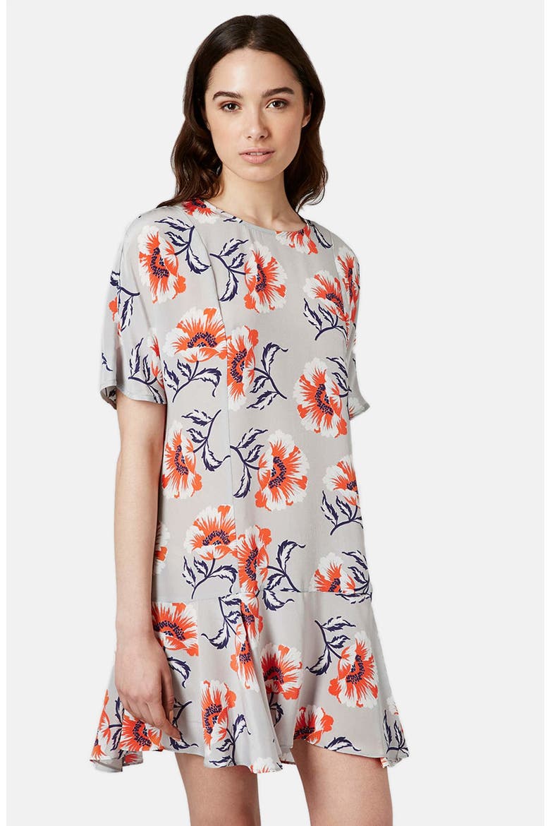 Floral Print Silk Shift Dress, Main, color, LIGHT GREY