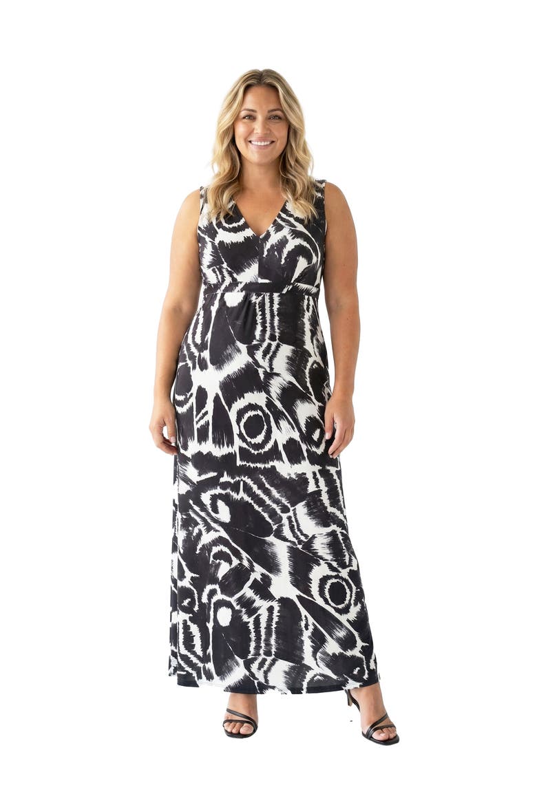 Curvy Essential Abstract Print V-Neck Sleeveless Tie Back Empire Waist Maxi Dress, Main, color, Black Multi
