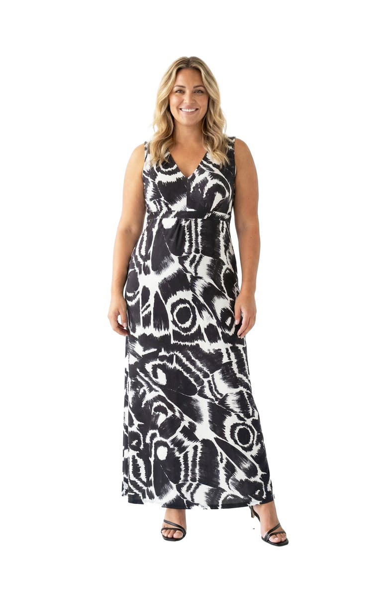 24seven Comfort Apparel Curvy Essential Abstract Print V-Neck Sleeveless Tie Back Empire Waist Maxi Dress, Main, color, Black Multi