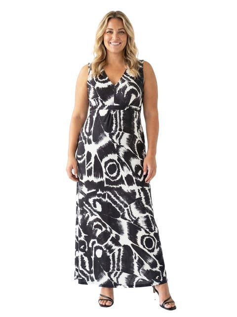 Curvy Essential Abstract Print V-Neck Sleeveless Tie Back Empire Waist Maxi Dress