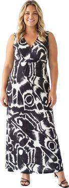 24seven Comfort Apparel Curvy Essential Abstract Print V-Neck Sleeveless Tie Back Empire Waist Maxi Dress