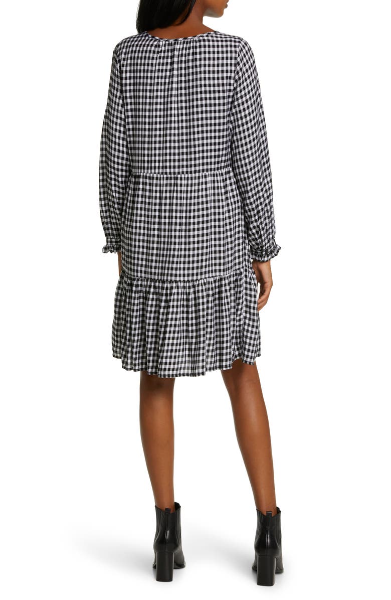 beachlunchlounge Plaid Tiered Long Sleeve Button-Down Dress, Alternate, color, 