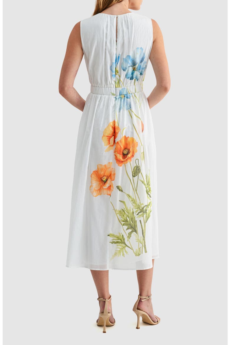 Floral Print Cinched Waist Sleeveless Midi Dress, Alternate, color, WHITE FLORAL