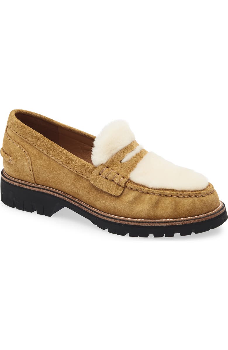 rag & bone Corey Genuine Shearling Penny Loafer, Main, color, Caremel Suede Shearling