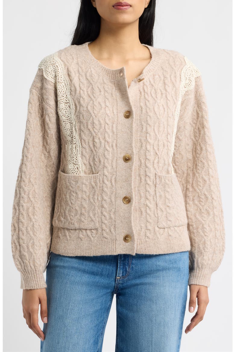 Lace Trim Cable Stitch Cardigan, Alternate, color, HEATHER TAUPE/ NATURAL
