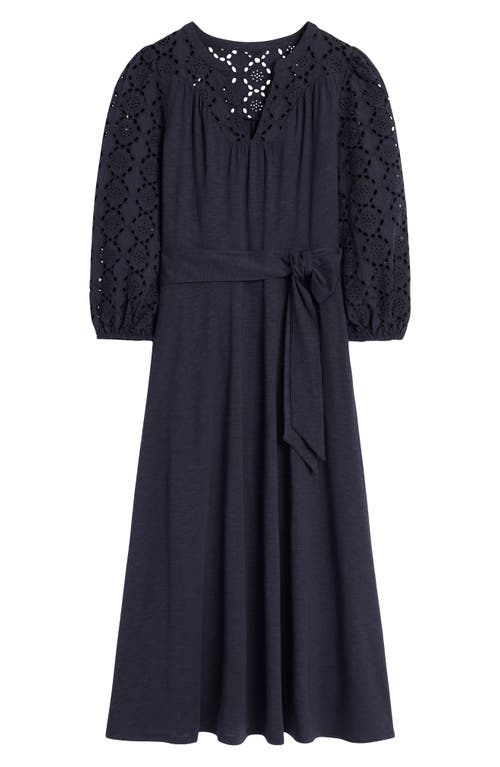 Shop Boden Eyelet Tie Waist Long Sleeve Jersey Maxi Dress In Navy