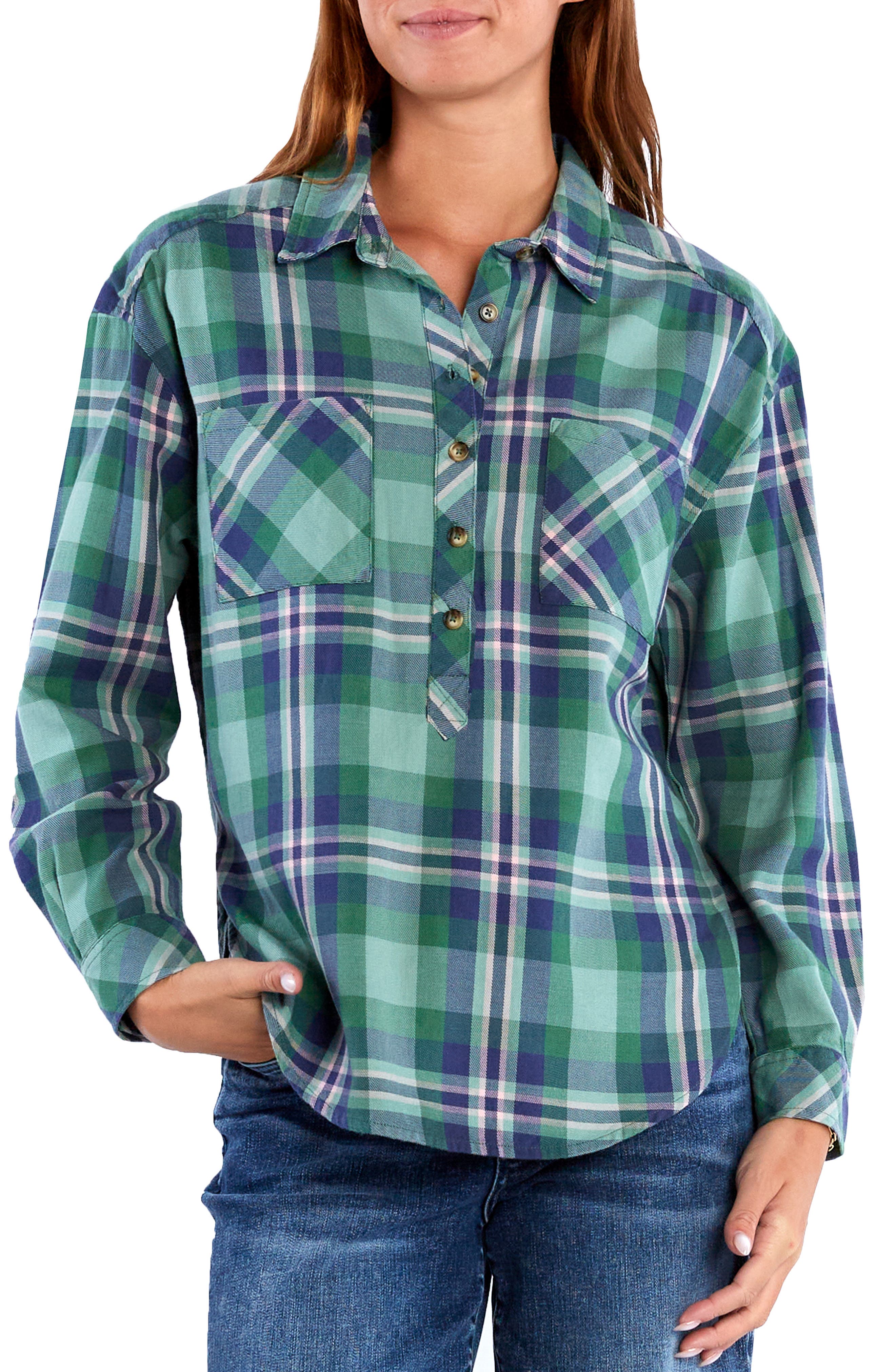 Popover Plaid Button-Up Shirt
