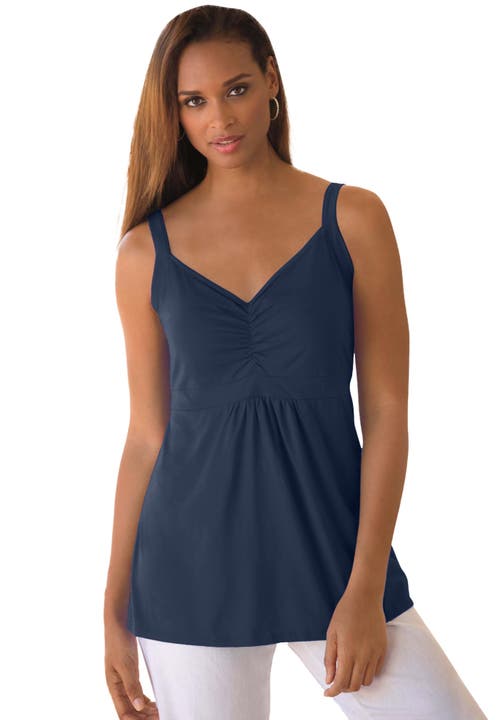 Jessica London Stretch Cotton Shirred Tank In Blue