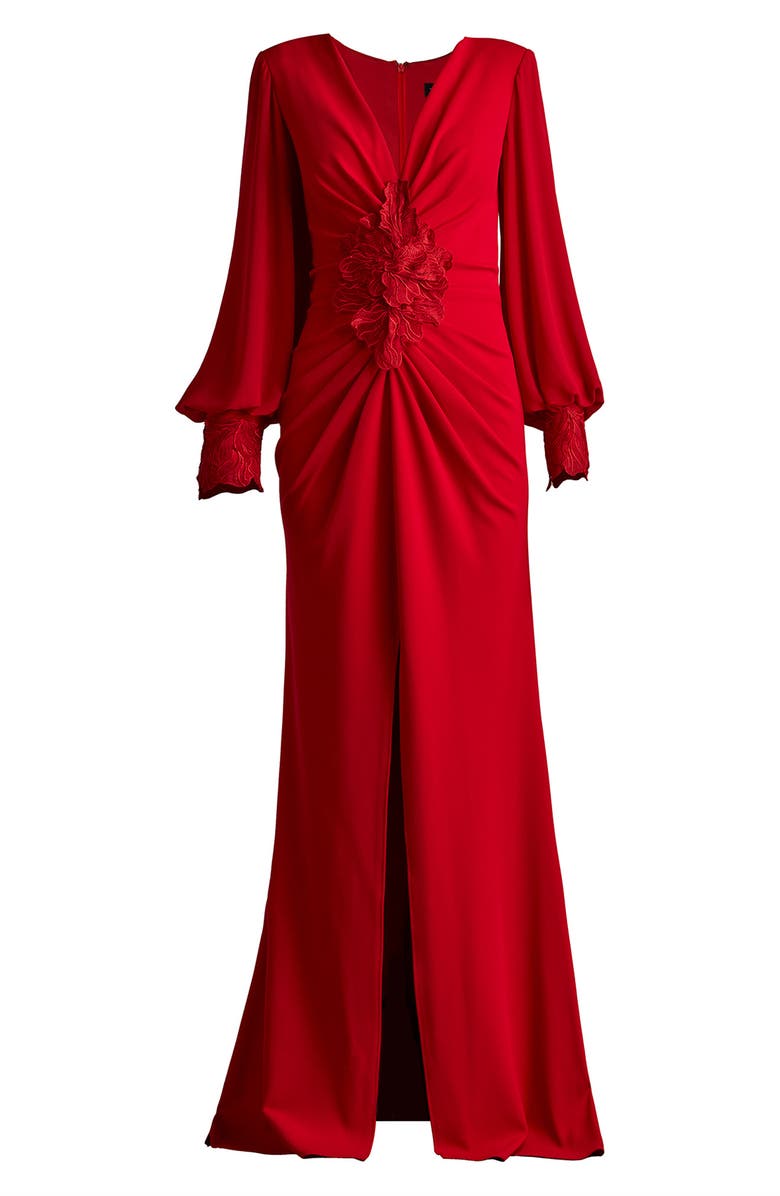 Tadashi Shoji Floral Detail Long Sleeve Crepe Chiffon Gown, Alternate, color, Cranberry