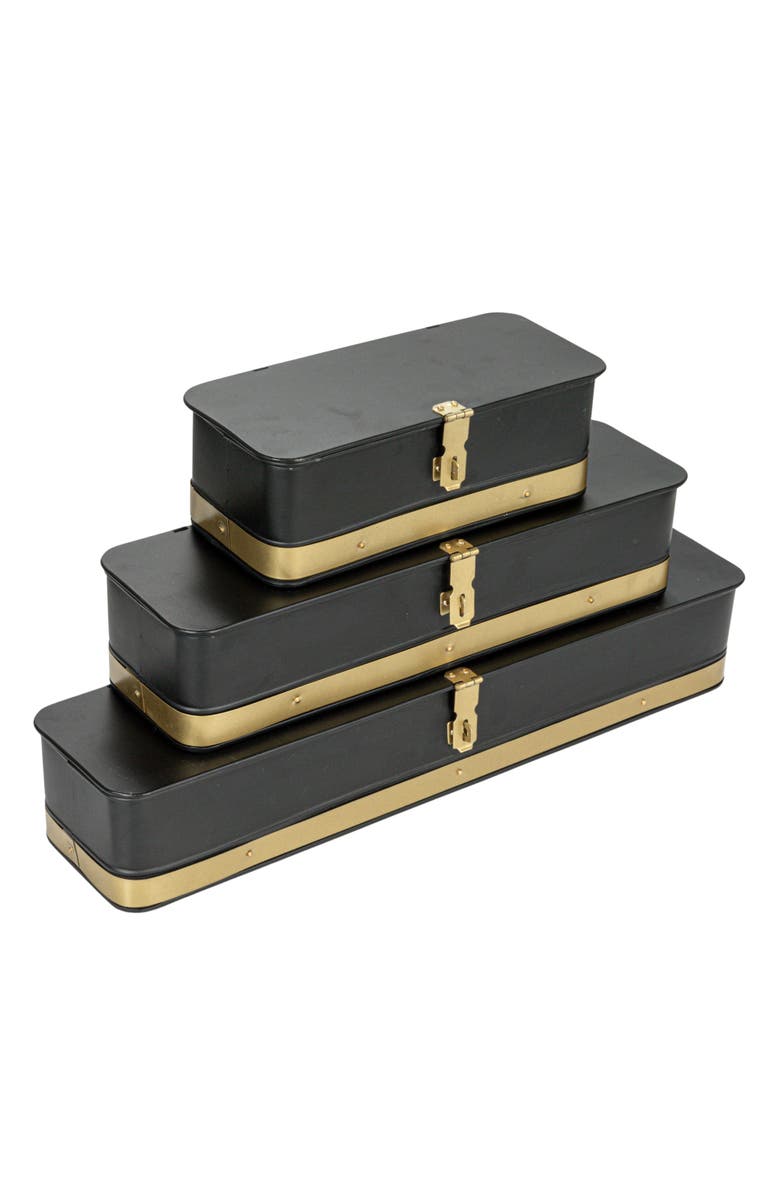 Storied Home Decorative Metal Boxes with Lid, Black with Gold Band, Set of 3, Main, color, Black