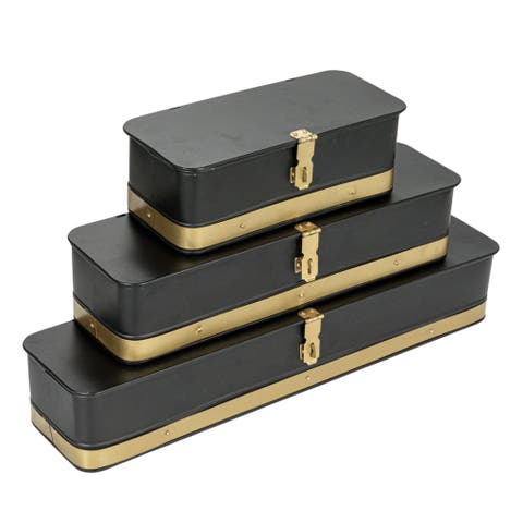 Decorative Metal Boxes with Lid, Black with Gold Band, Set of 3
