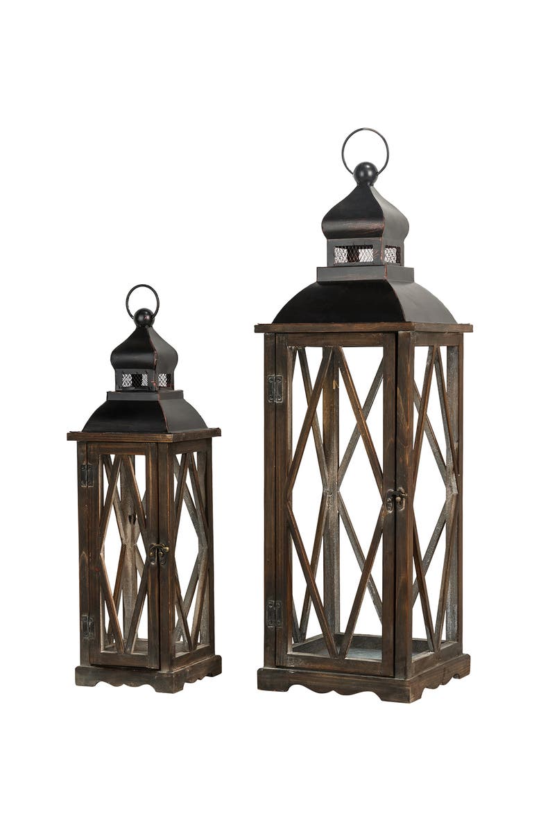 Glitzhome Set of 2 Oversize Farmhouse Hanging Candle Holders Decorative Floor Lanterns, Main, color, Black