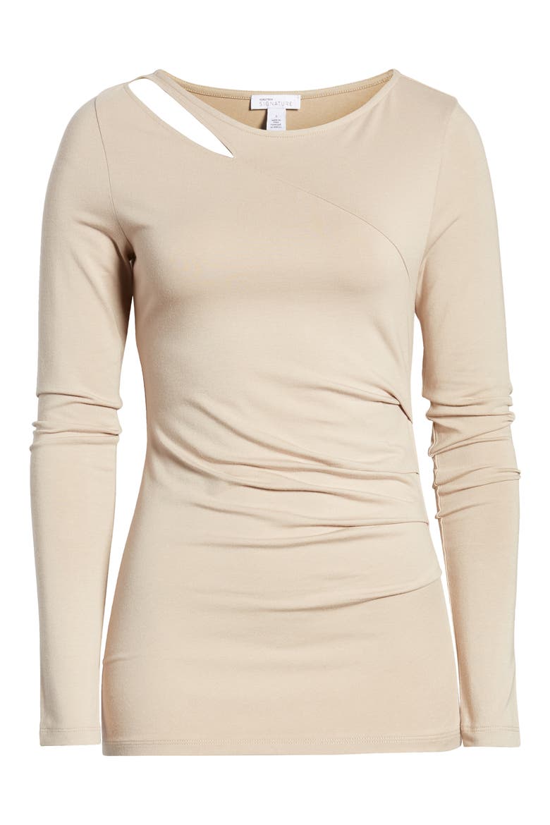 Side Pleat Long Sleeve Knit Top, Alternate, color, TAN COBBLESTONE