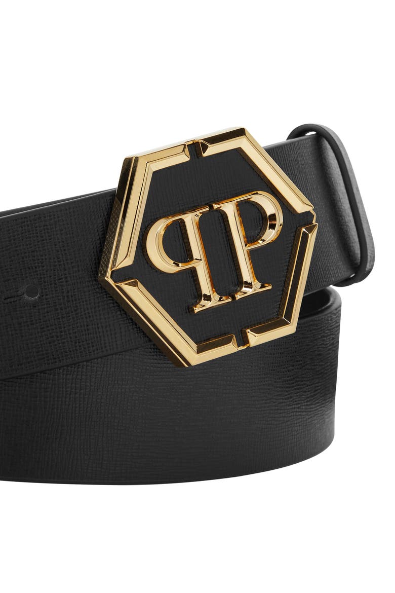 Saffiano Leather Belt Hexagon Men, Alternate, color, black/lightgold