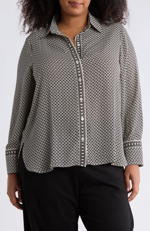 Circle Stripe Long Sleeve Button-Up Shirt (Plus)