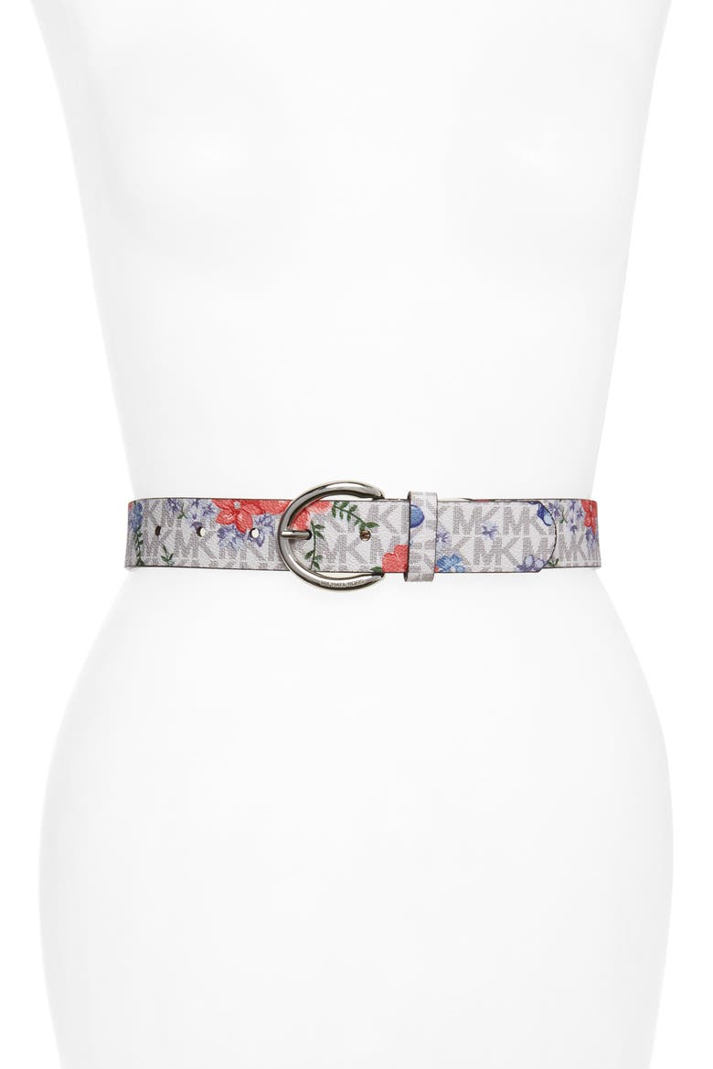 Floral Monogram Faux Leather Belt, Main, color, VANILLA
