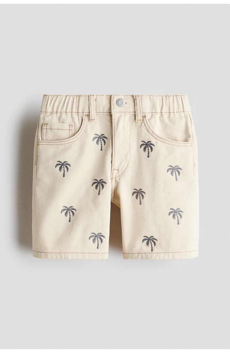 H&M Embroidered Twill Shorts, Main, color, Light Beige/Palm Trees
