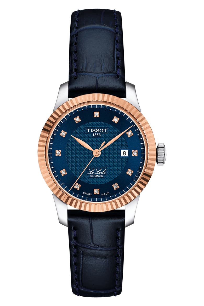Le Locle Diamond Powermatic 80 Leather Strap Watch, 29mm, Main, color, BLUE