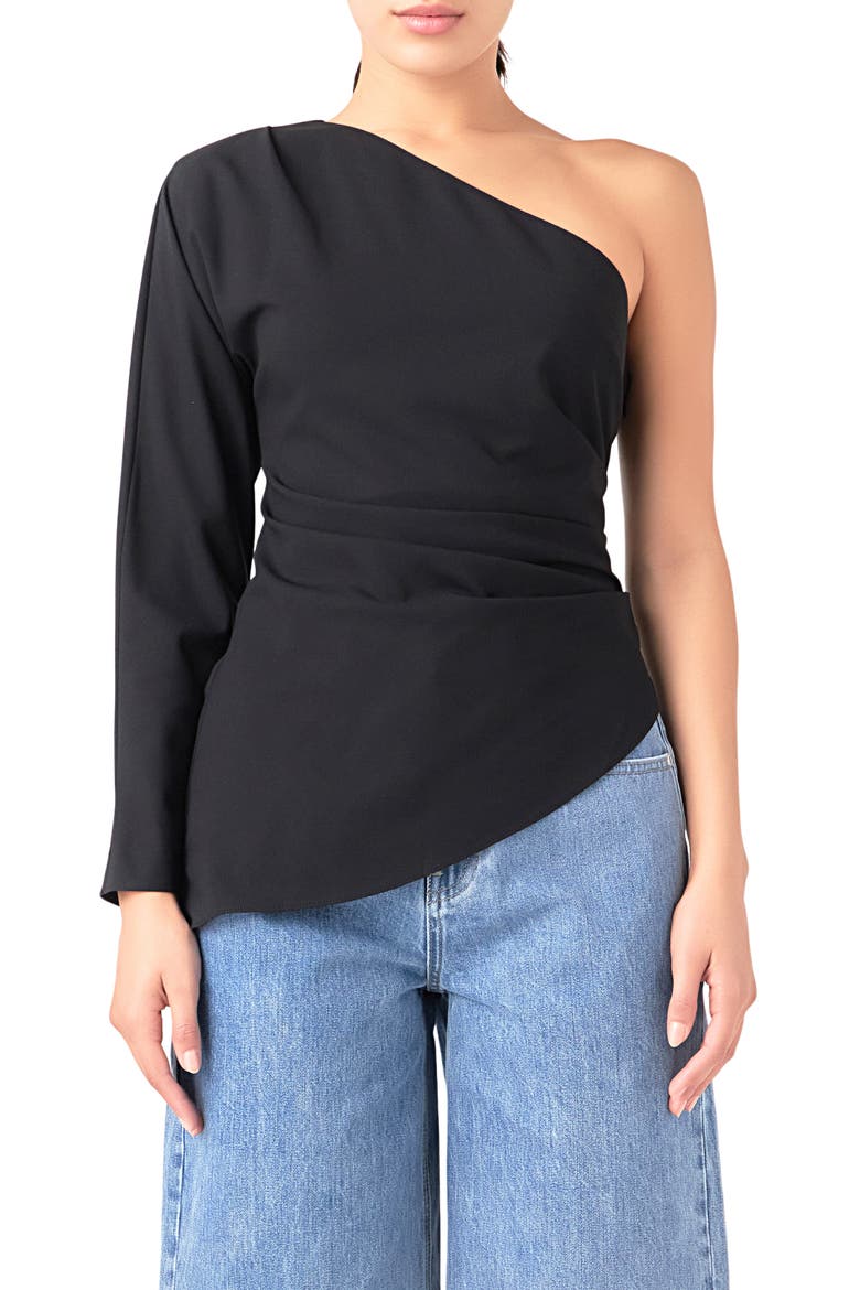 Gathered One-Shoulder Asymmetric Top, Main, color, BLACK