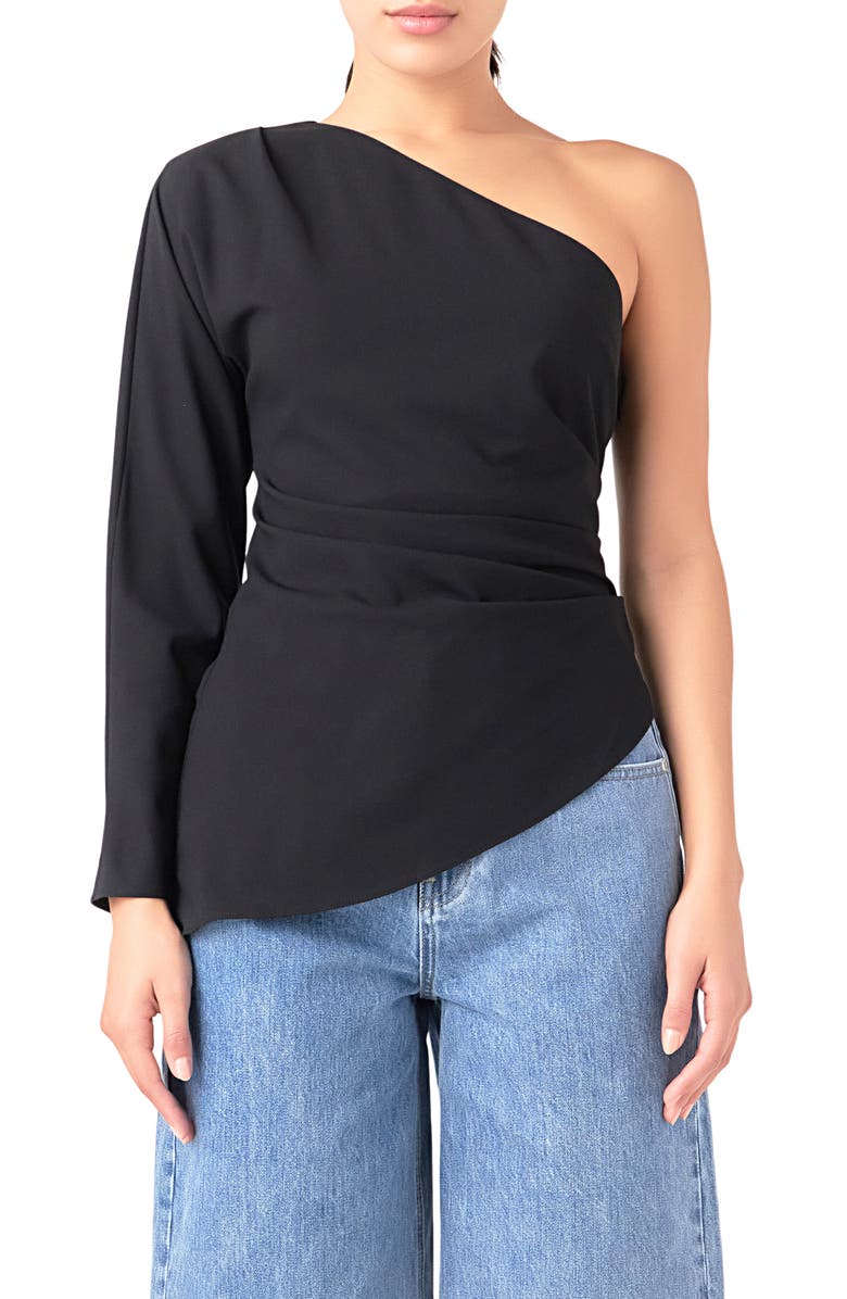 Grey Lab Gathered One-Shoulder Asymmetric Top, Main, color, Black