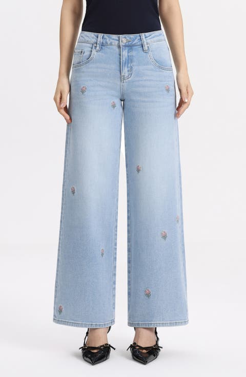 Embroidered Mid Rise Wide Leg Jeans