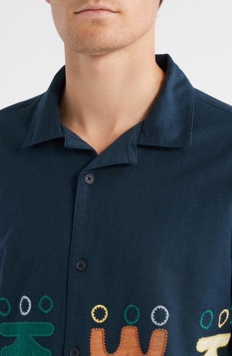 Wax London Didcot Bold Doodle Embroidered Cotton & Linen Camp Shirt, Alternate, color, Navy / Multi