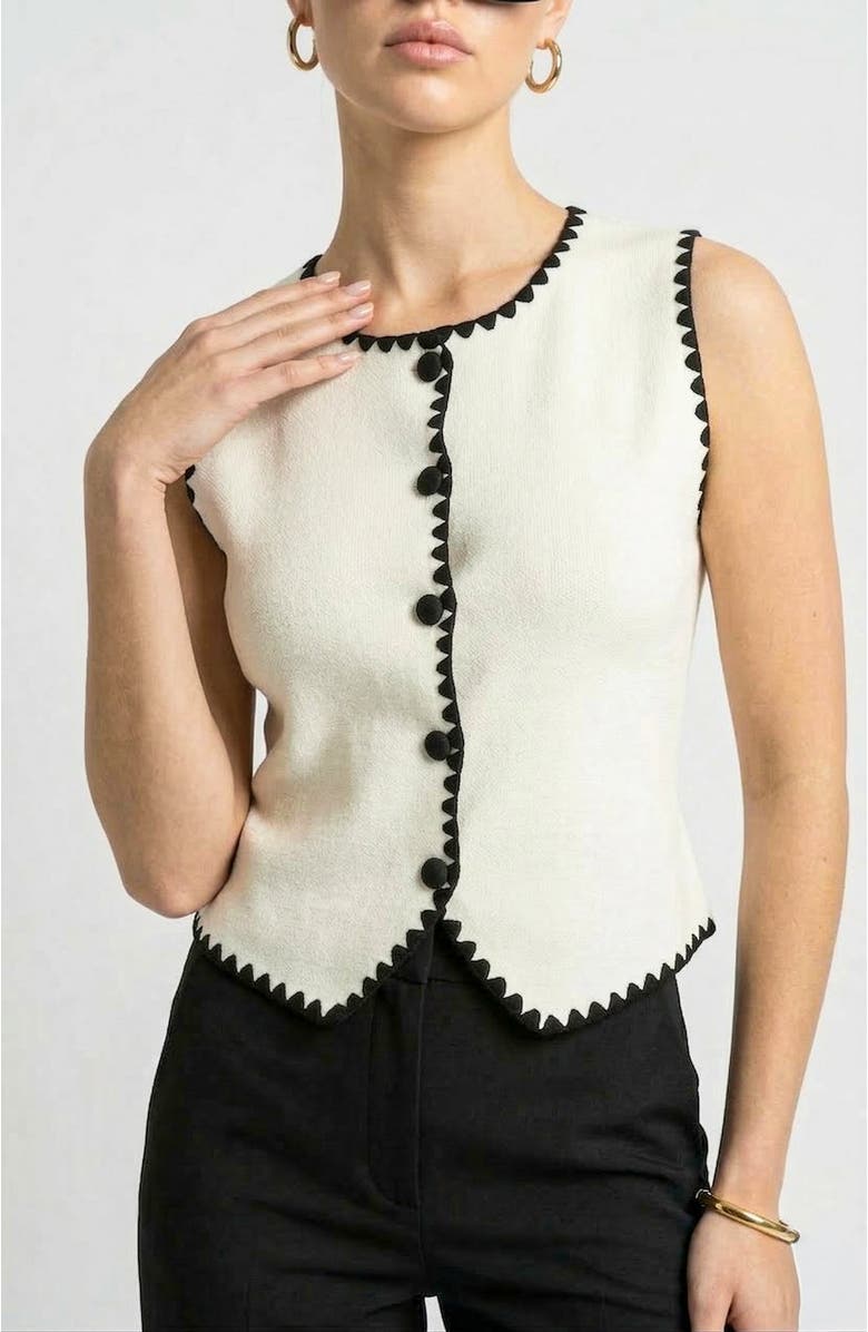 Knit & Lounge Sleeveless Sweater Vest with Button Front and Contrast Trim, Main, color, Black, White, Beige