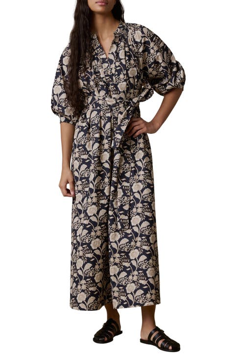 Kaia Coastal Floral Print Poplin Midi Dress