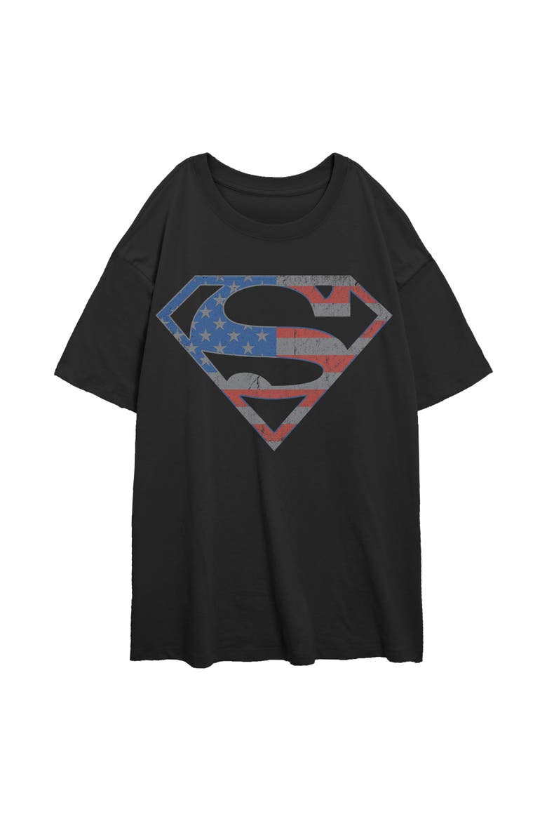 Junior's Superman Stars and Stripes S Shield  Graphic T-Shirt, Main, color, Black