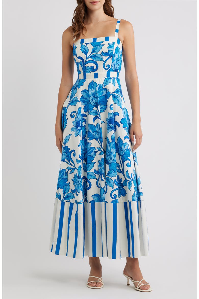 Floral Print Sleeveless Maxi Dress, Main, color, WHITE/ BLUE