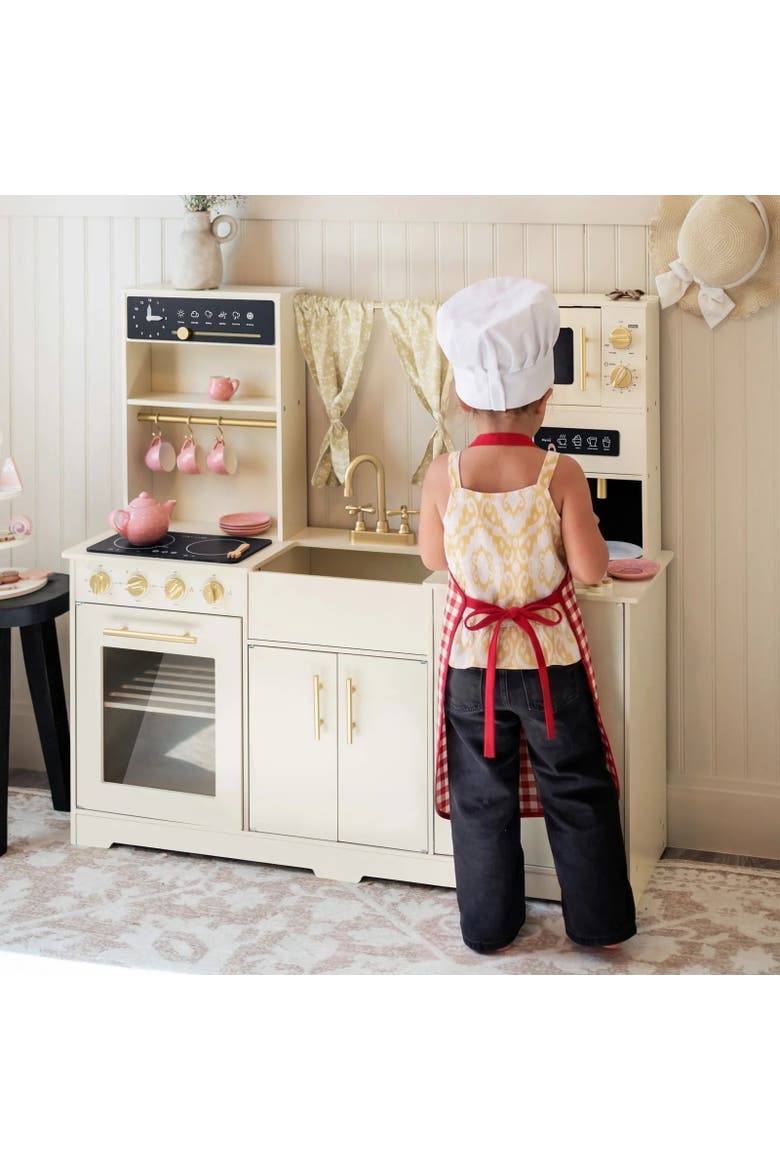 Cream Wooden Play Kitchen Set with Apron Chef Hat for Kids, Alternate, color, Multicolor