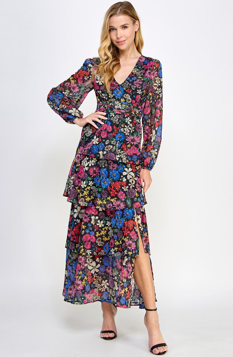 KOKO + MASON Floral Open Back Long Sleeve Maxi Dress, Alternate, color, 