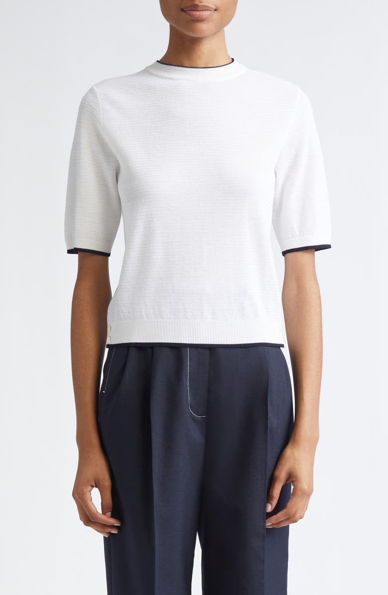 Thom Browne Tipped Textured Stitch Short Sleeve Virgin Wool Top, Main, color, White