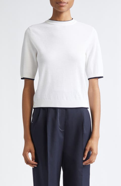 Tipped Textured Stitch Short Sleeve Virgin Wool Top