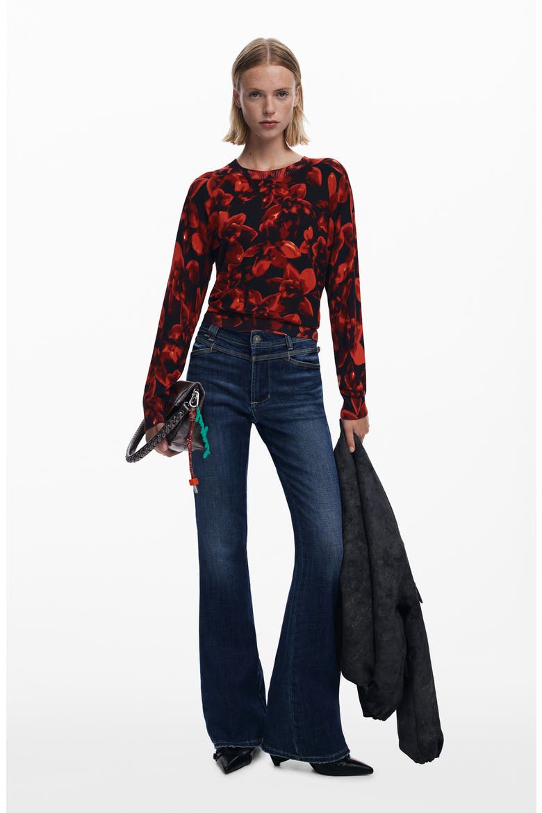 Floral Crewneck Sweater, Alternate, color, BLACK