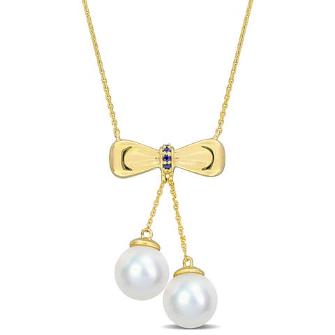 Cultured Pearl & Gem Bow Drop Necklace 10k