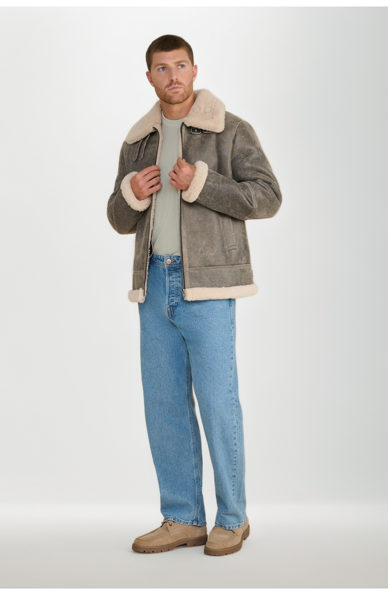 Furniq UK Rupert Shearling Aviator Jacket, Alternate, color, Grey