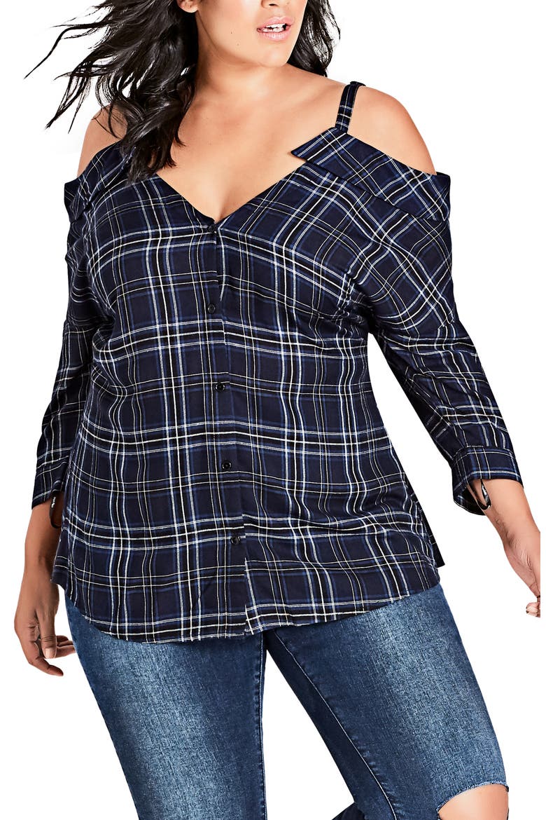 Chic Chic Reality Check Cold Shoulder Top, Main, color, NAVY/ BLUE CHECK