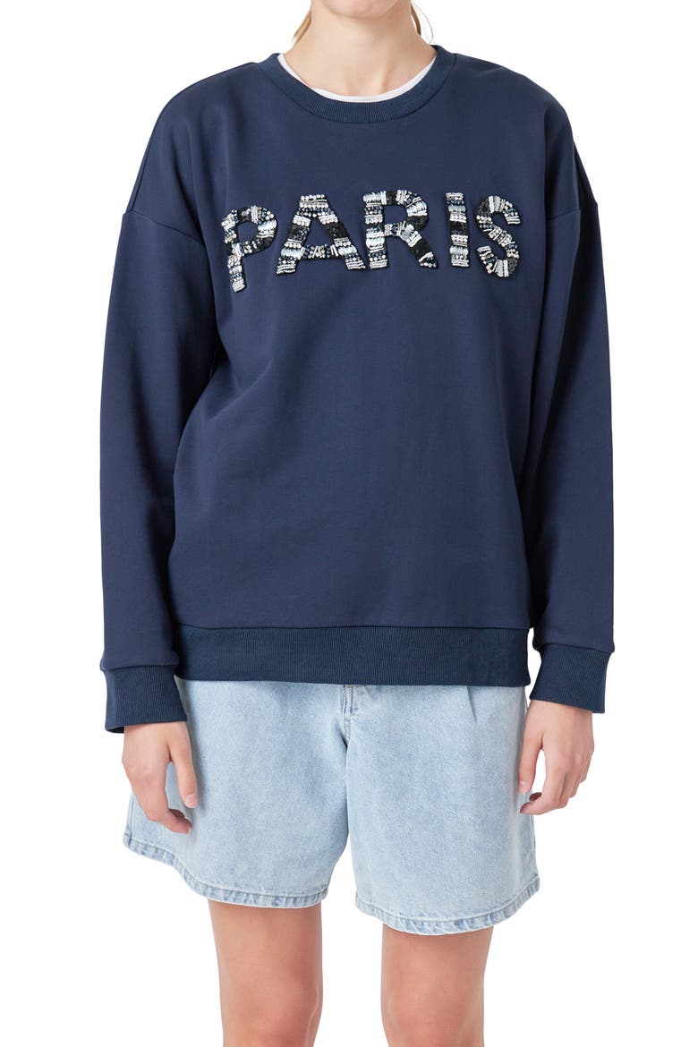 Paris Sequin Sweatshirt, Alternate, color, NAVY