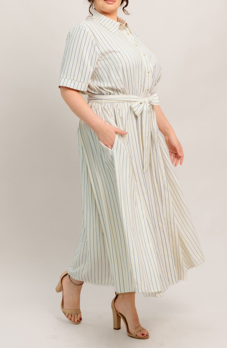 FLYING TOMATO Stripe Tie Waist Midi Dress, Alternate, color, Ivory/ Blue