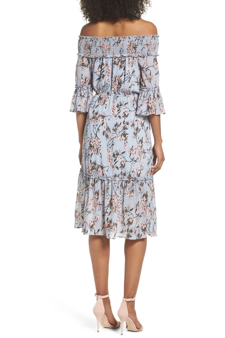 Off the Shoulder Midi Dress, Alternate, color, LIGHT BLUE SAKURA FLORAL