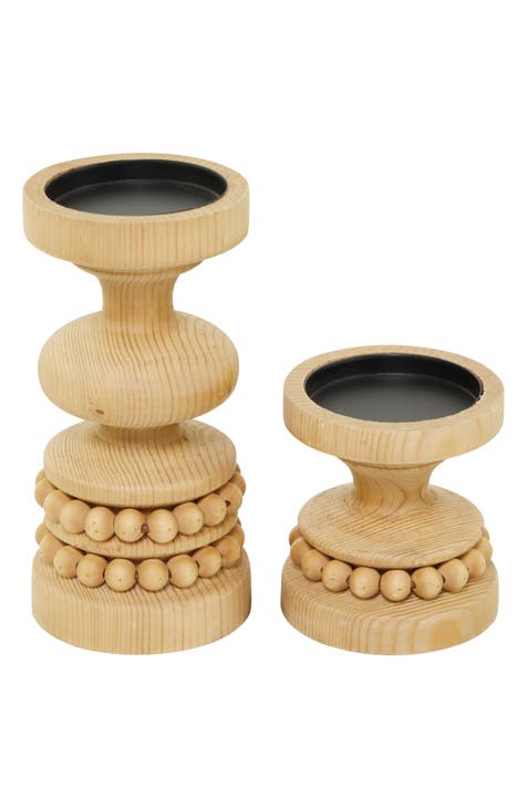 Set of 2 Beaded Wooden Candleholders