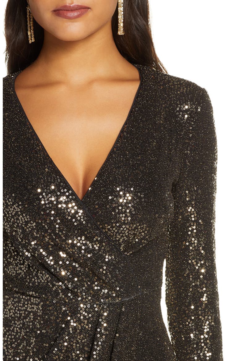 Faux Wrap Sequin Cocktail Dress, Alternate, color, BLACK GOLD